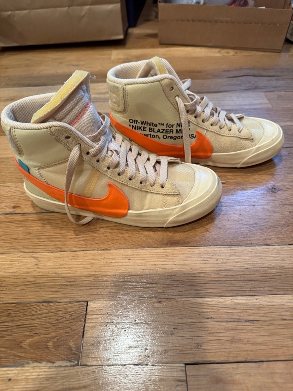 Nike/Off White collab High-Top Sneakers in Cream with Bright Orange Swoosh